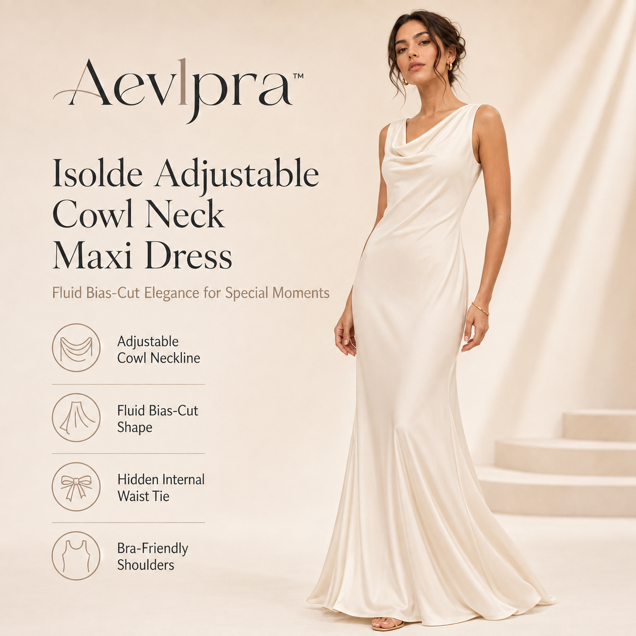 Aevlpra™ Isolde Adjustable Cowl Neck Maxi Dress – Women’s Bias-Cut Evening Dress