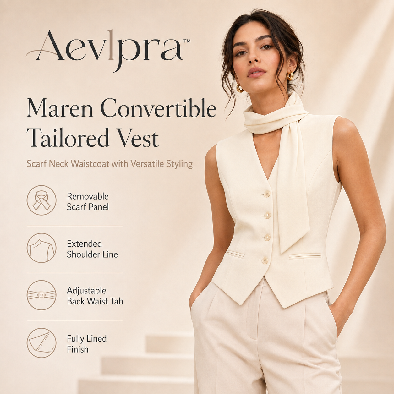 Aevlpra™ Maren Convertible Tailored Vest – Women’s Scarf Neck Sleeveless Waistcoat