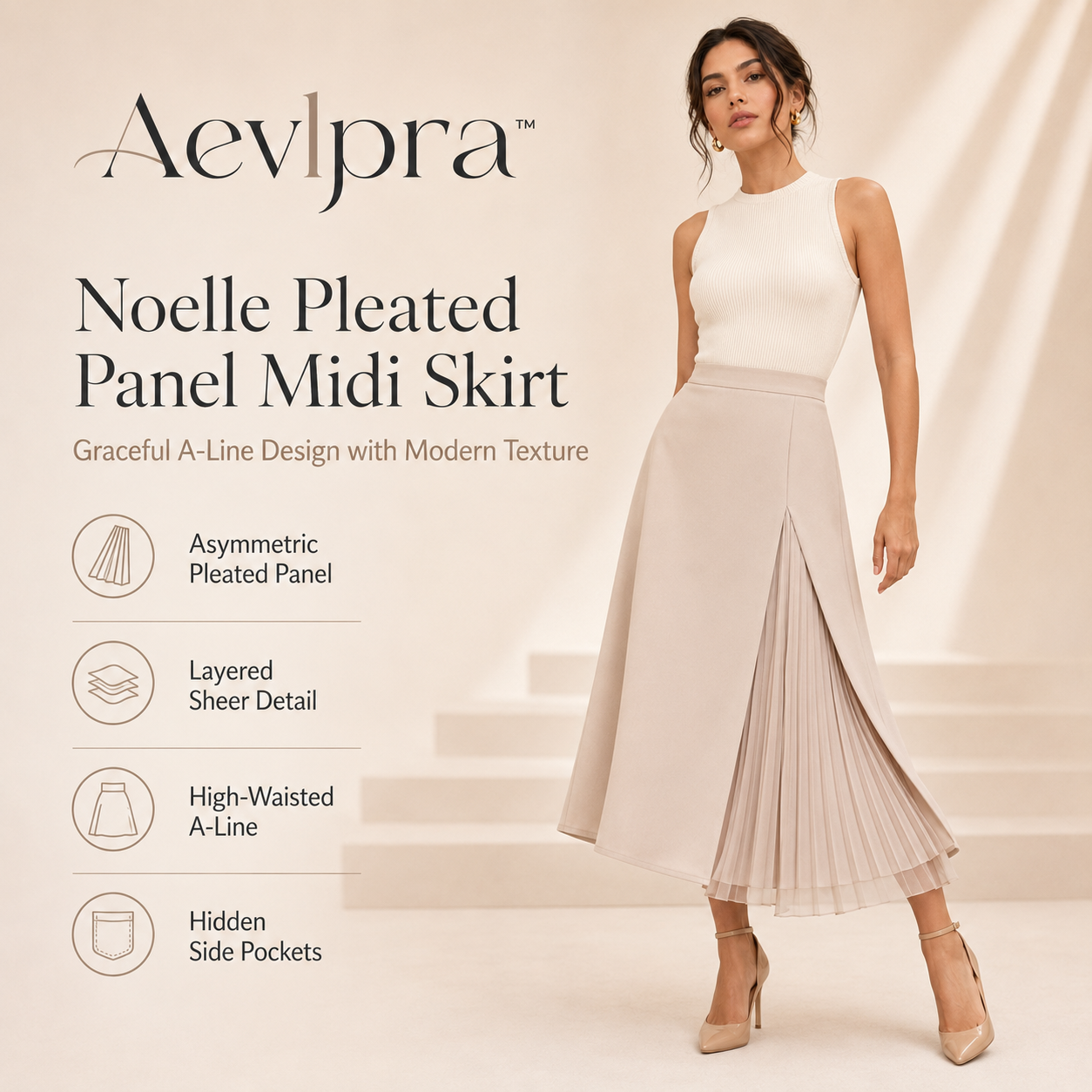 Aevlpra™ Noelle Pleated Panel Midi Skirt – Women’s High-Waisted A-Line Skirt with Pockets