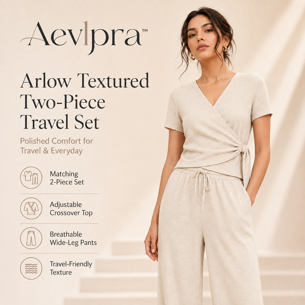 Aevlpra™ Arlow Textured Two-Piece Travel Set – Women’s Top and Wide Leg Pants Outfit