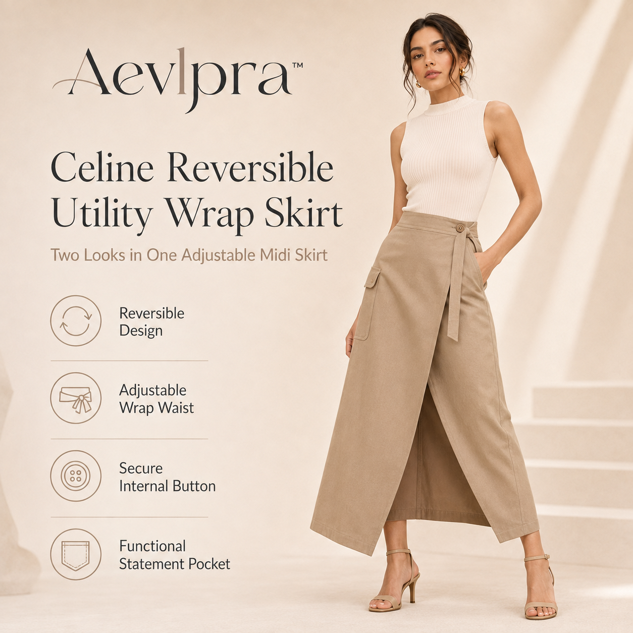 Aevlpra™ Celine Reversible Utility Wrap Skirt – Women’s Adjustable Midi Skirt with Pockets