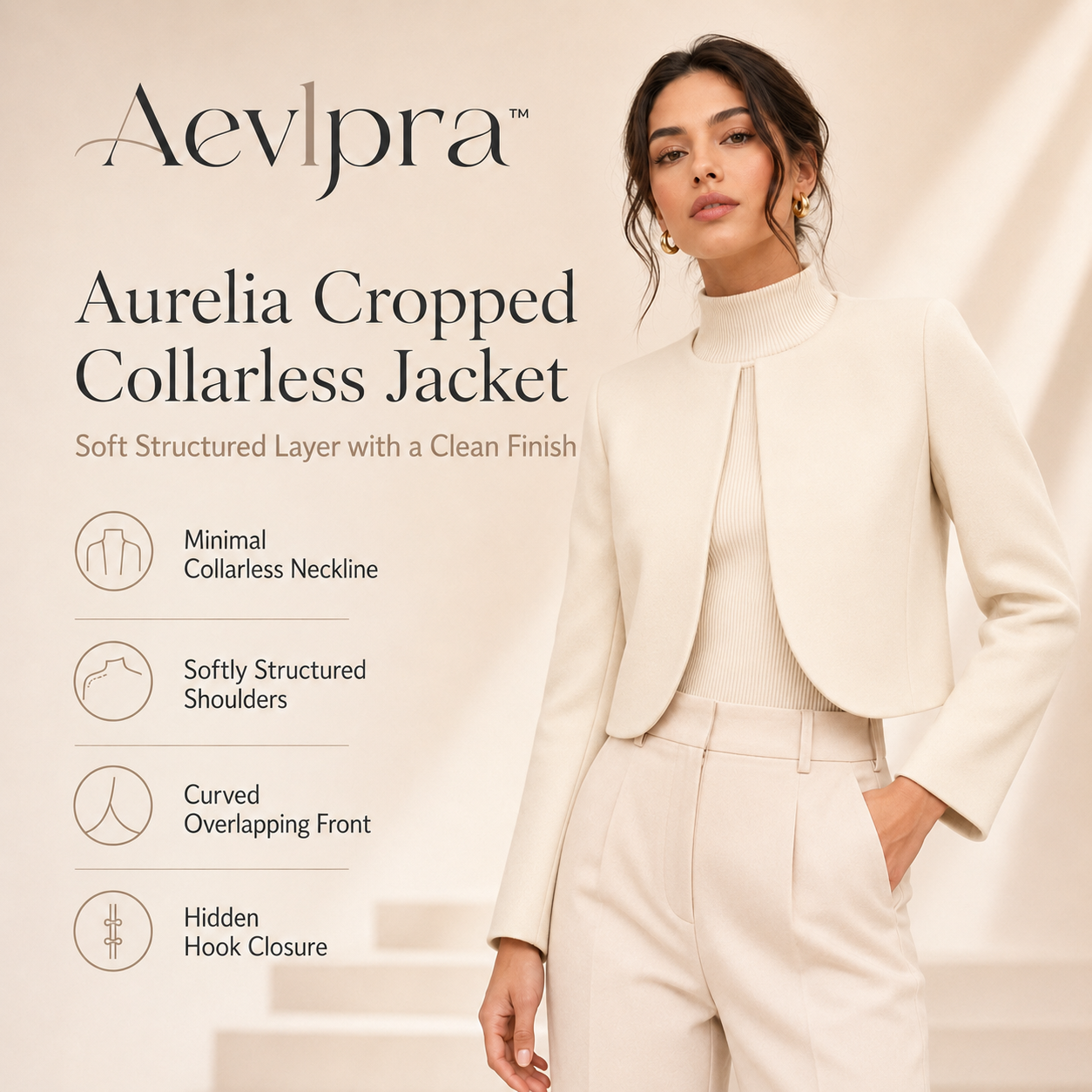 Aevlpra™ Aurelia Cropped Collarless Jacket – Women’s Soft Structured Blazer