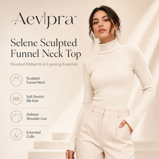 Aevlpra™ Selene Sculpted Funnel Neck Top – Women’s Ribbed Knit Long Sleeve Layering Shirt
