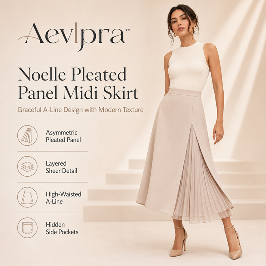 Aevlpra™ Noelle Pleated Panel Midi Skirt – Women’s High-Waisted A-Line Skirt with Pockets