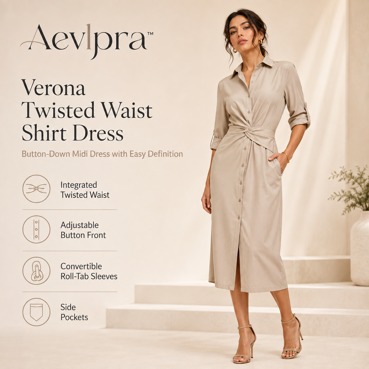 Aevlpra™ Verona Twisted Waist Shirt Dress – Women’s Button-Down Midi Dress with Pockets
