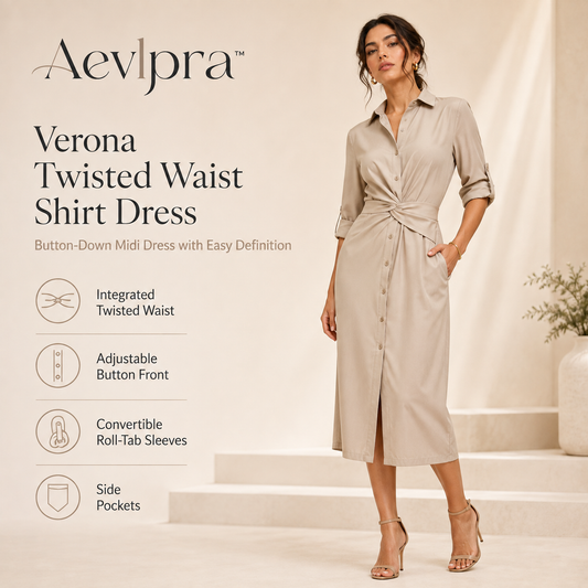 Aevlpra™ Verona Twisted Waist Shirt Dress – Women’s Button-Down Midi Dress with Pockets